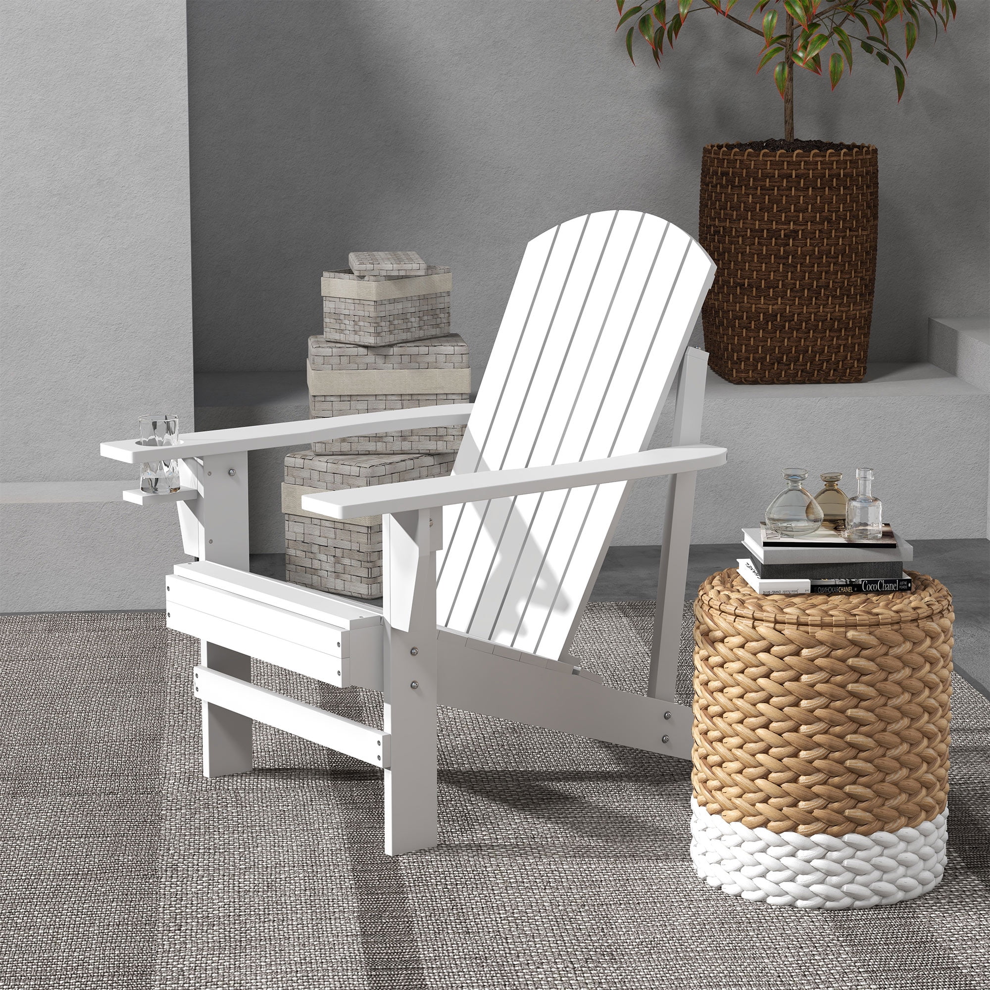 White Fir Wood Adirondack Chair with Cupholder