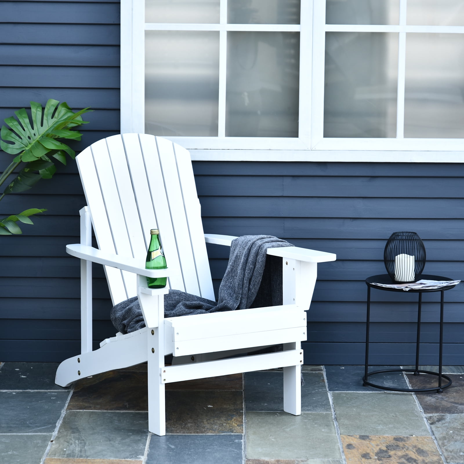 White Wooden Adirondack Chair with Cupholder for Deck