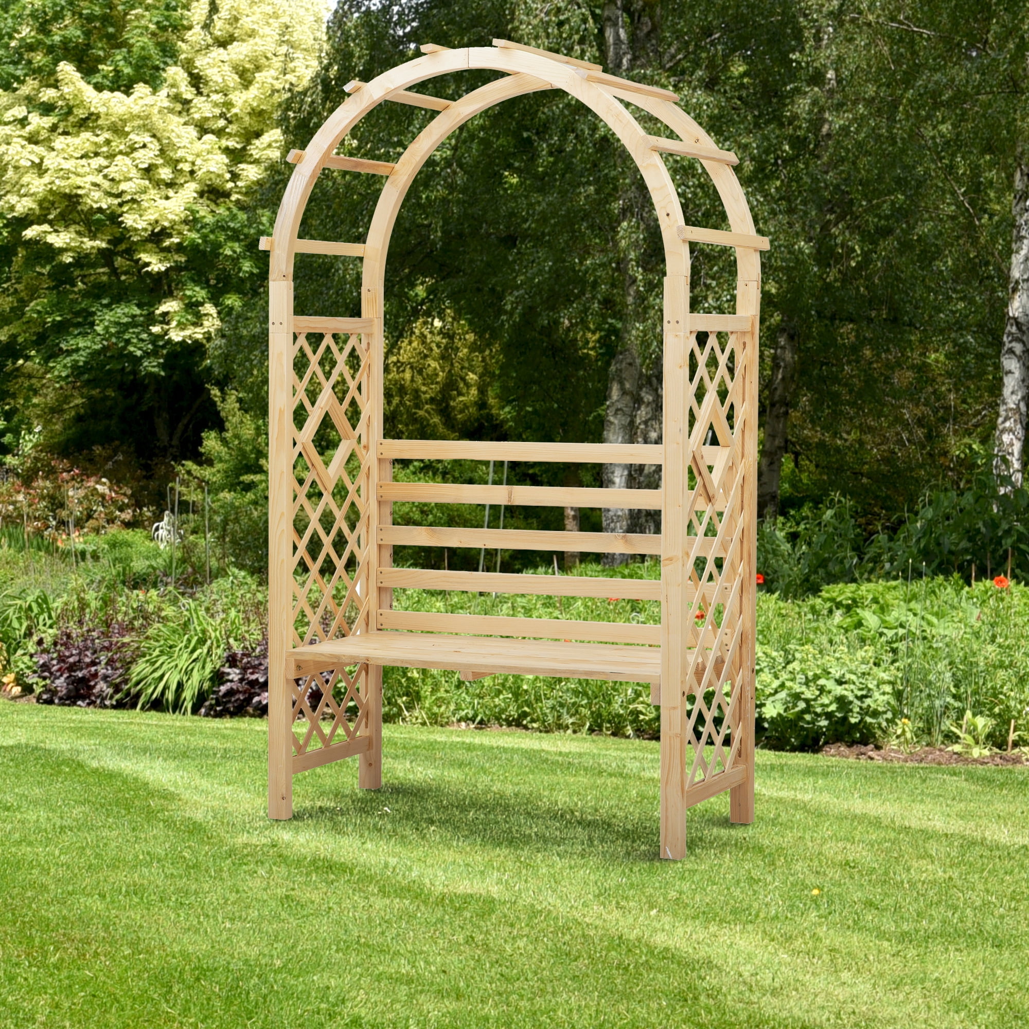 Natural Fir Wood Garden Arch with Bench and Trellis