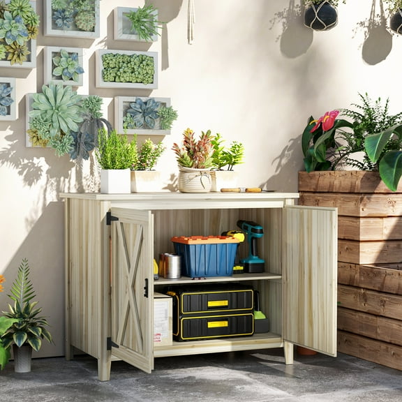 Outsunny Wood Outdoor Storage Cabinet, Compact Garden Shed Potting Shed with Shelf and Double Doors, Natural Wood