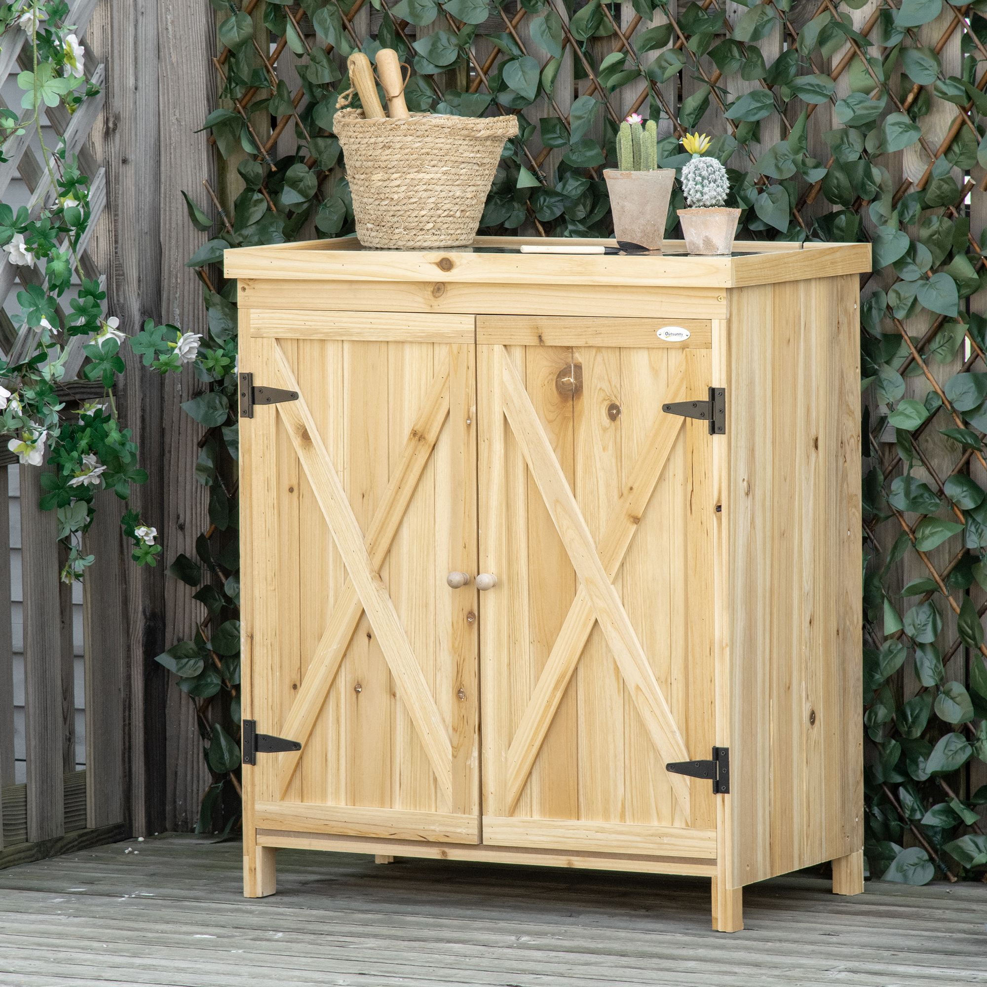 Natural Wood Outdoor Storage Shed with Shelving