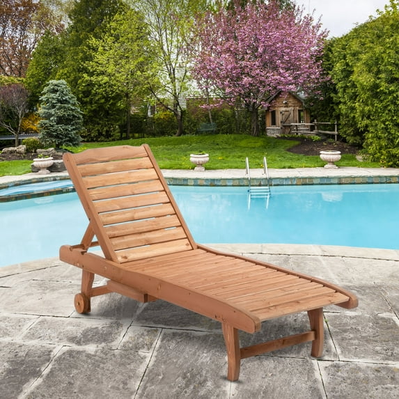 Outsunny Wooden Chaise Lounge Outdoor Patio Furniture Adjustable w/Pullout Table