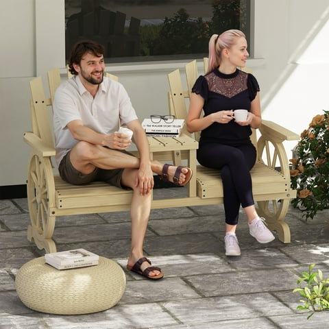 Outsunny Wooden Garden Bench with Table, Umbrella Hole, 2-Seat Wagon Wheel Outdoor Bench, High Backrest, Armrests for Backyard, Patio, Natural Wood