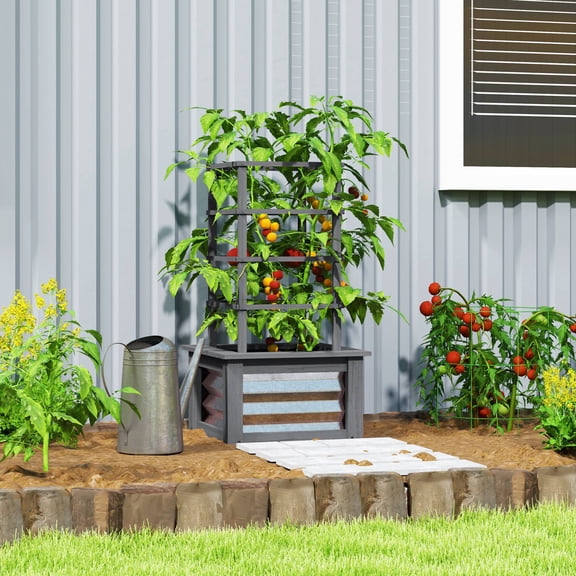 Outsunny Wooden Garden Planter with Trellis, Freestanding Garden Box for Garden, Patio, Balcony, Gray