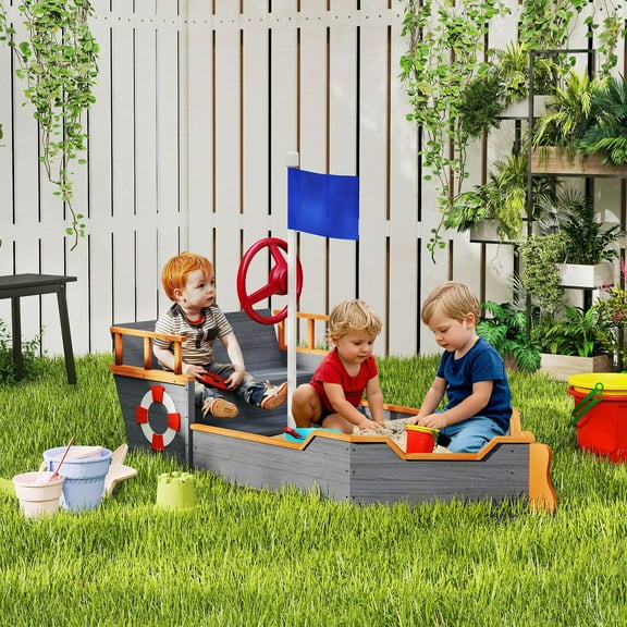 Outsunny Wooden Kids Pirate Sandbox, Outdoor Sandboat with Bench Seats, Storage, Non-Woven Fabric Cloth for Backyard, Lawn, Gray
