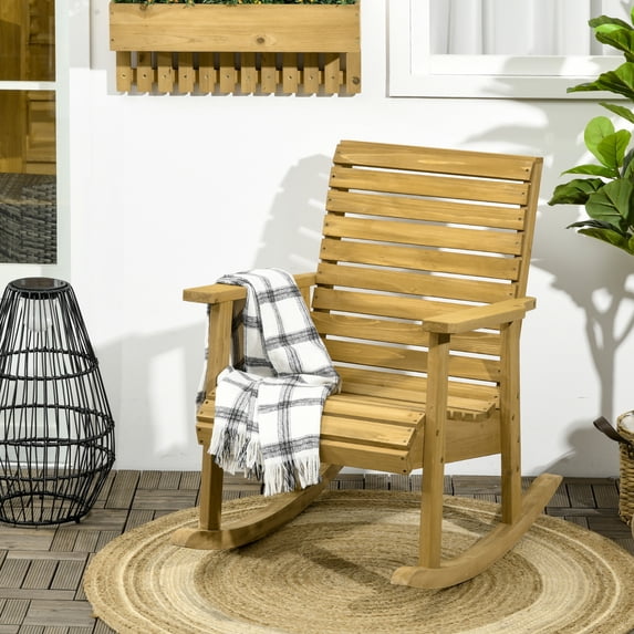 Outsunny Wooden Outdoor Rocking Chair, Traditional Slatted Wood Rocker with Armrests for Indoor & Outdoor, Light Brown
