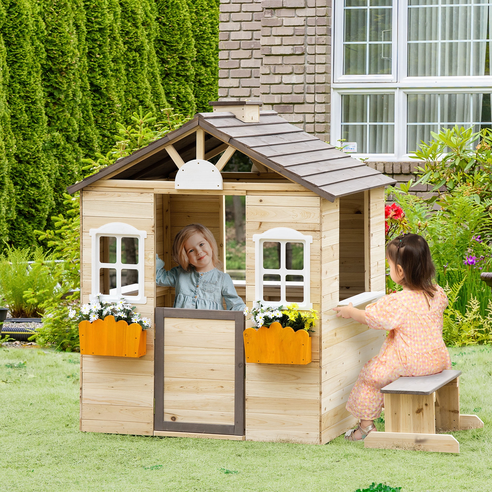 Outsunny Wooden Outdoor Playhouse with Bench and Flowerpots