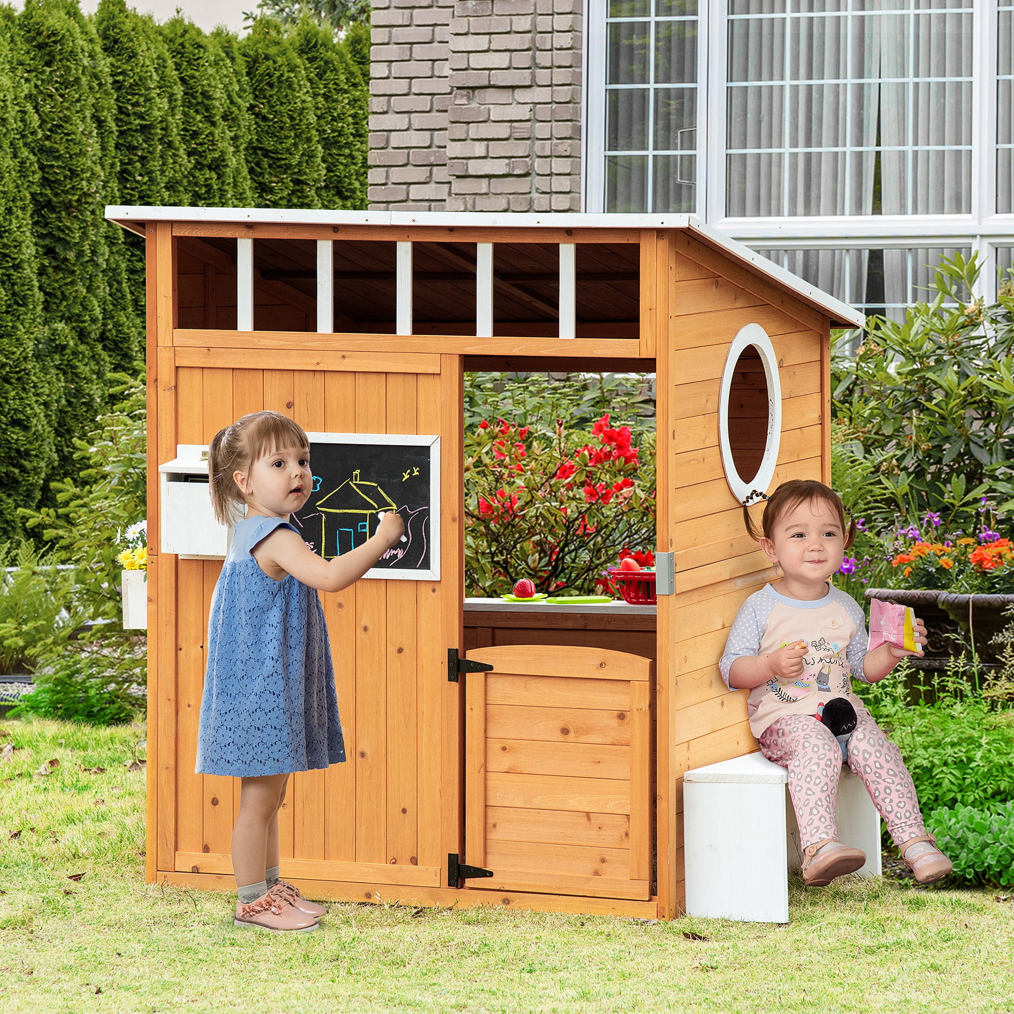 Outsunny Wooden Kids Playhouse with Bench and Flower Pot Holder