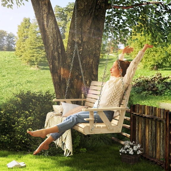 Outsunny Wooden Porch Swing 3-Seater, 5 FT Outdoor Patio Swing Bench with Cupholders, Nature Wood