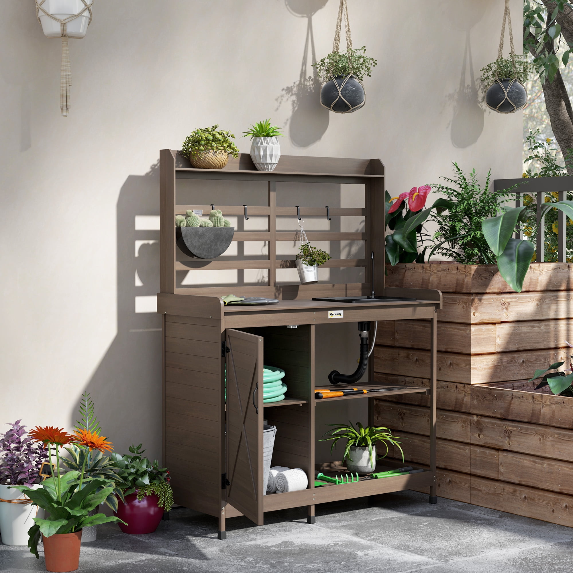 Outsunny Wooden Potting Bench, Outdoor Potting Table with Storage ...