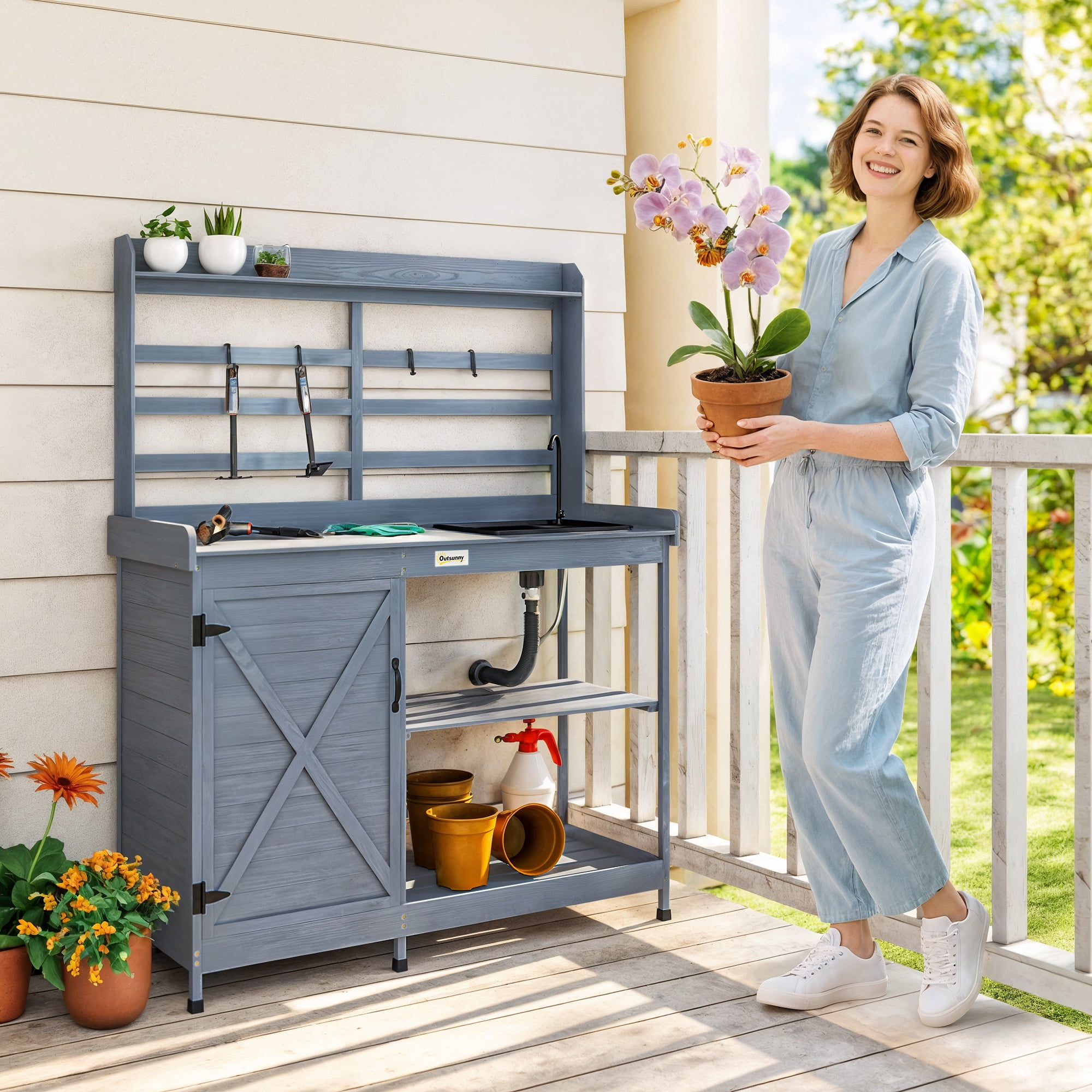 Vintage Sink Potting Table With Sink Outsunny Large Cabinet Garden
