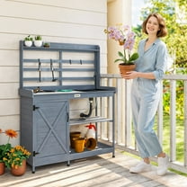 Outsunny Wooden Potting Bench, Outdoor Potting Table with Storage Cabinet, Storage Shelves, Sink, Water Tap for Backyard, Patio, Balcony, Gray