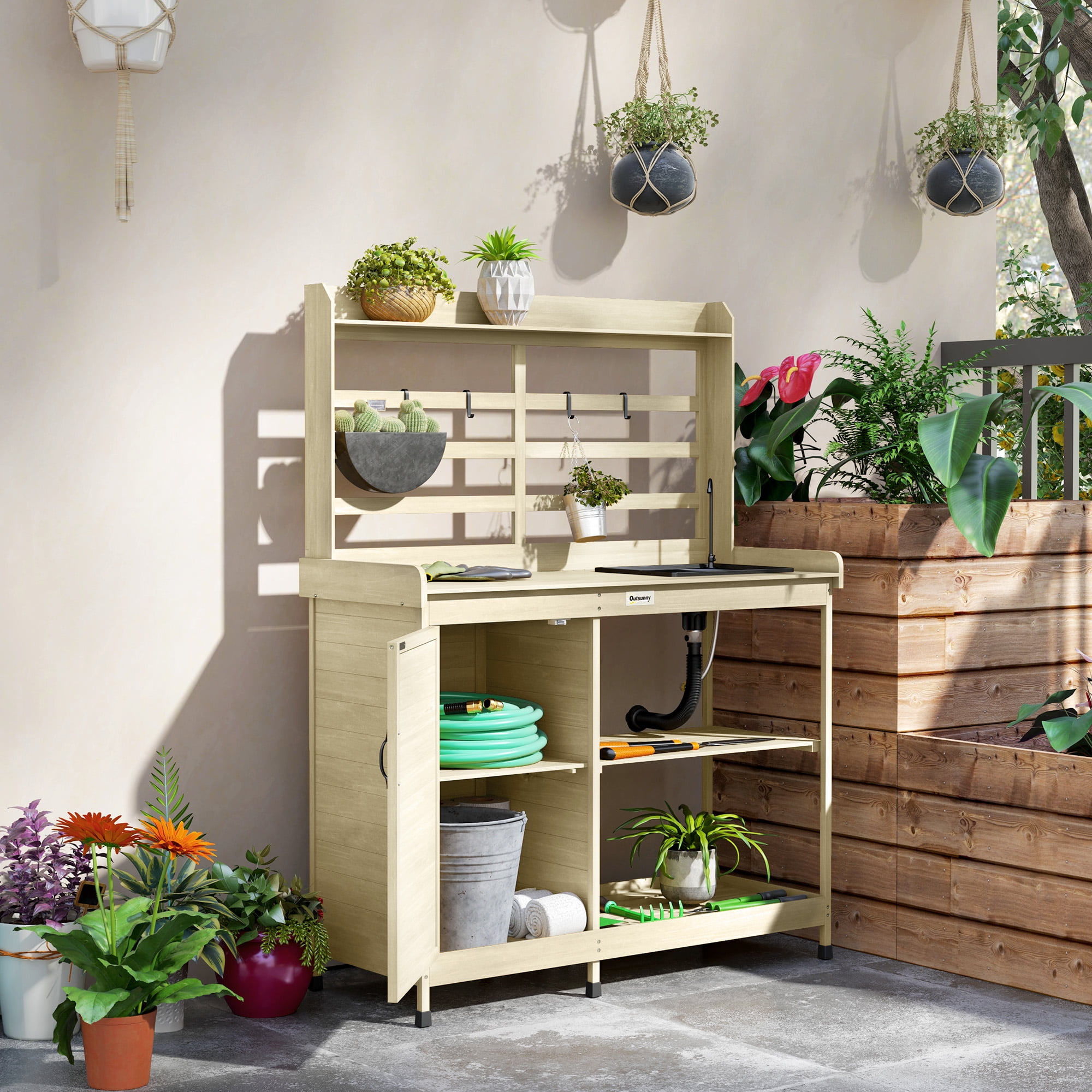 Outsunny Wooden Potting Bench, Outdoor Potting Table with Storage ...