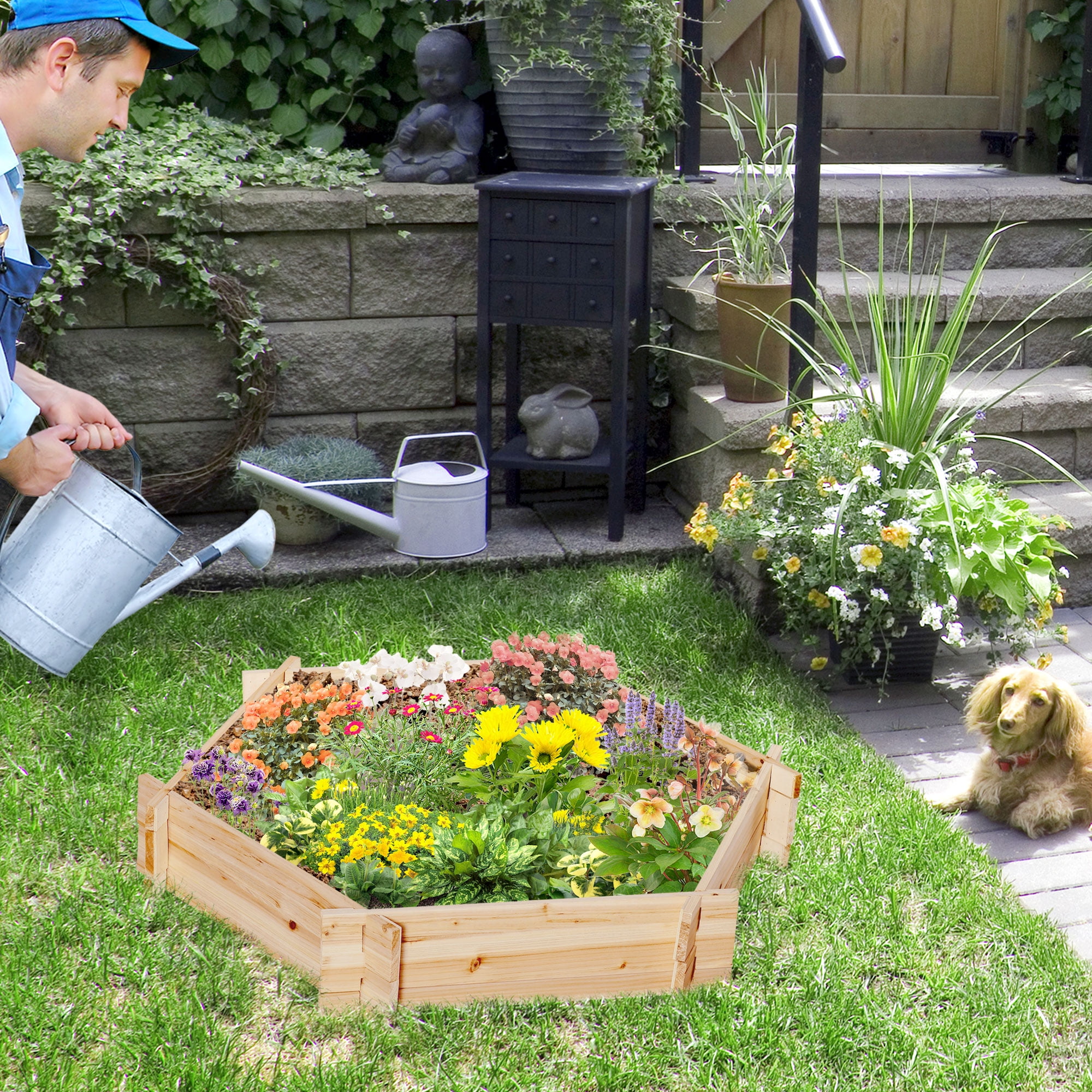 Natural Wood Hexagon Raised Garden Bed Planter for Outdoor Plants