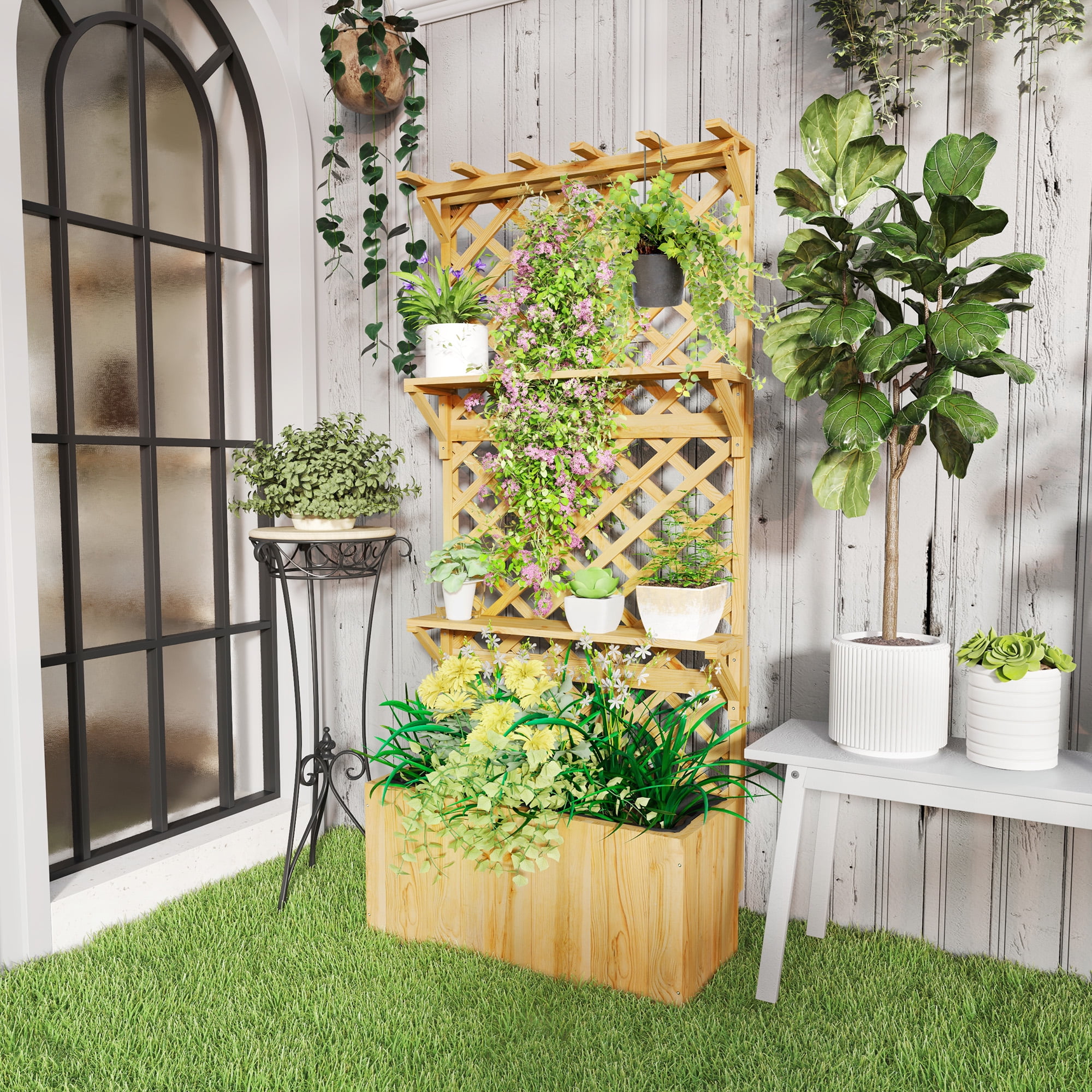 Outsunny Wooden Raised Garden Bed, Planter with Trellis, Hanging Roof, Plant Shelf, Drainage Holes and Bed Liner, Natural