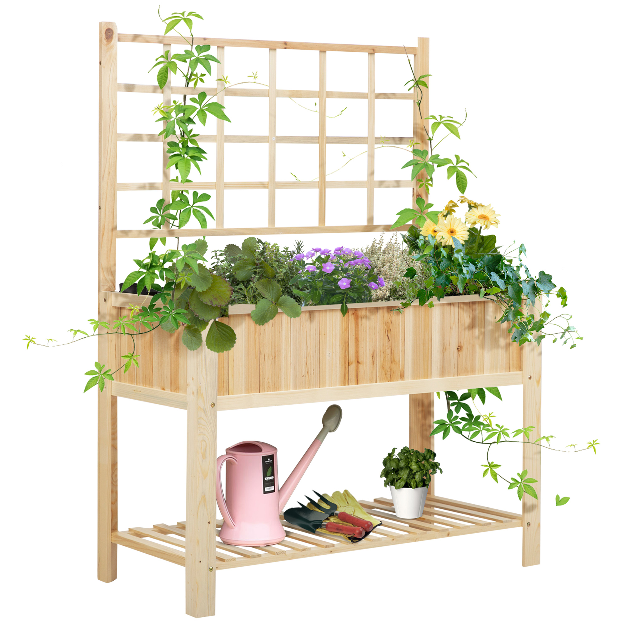 Outsunny Wooden Raised Garden Bed with Trellis, 64.25 in x 46.75 in x 22.75 in - image 1 of 9