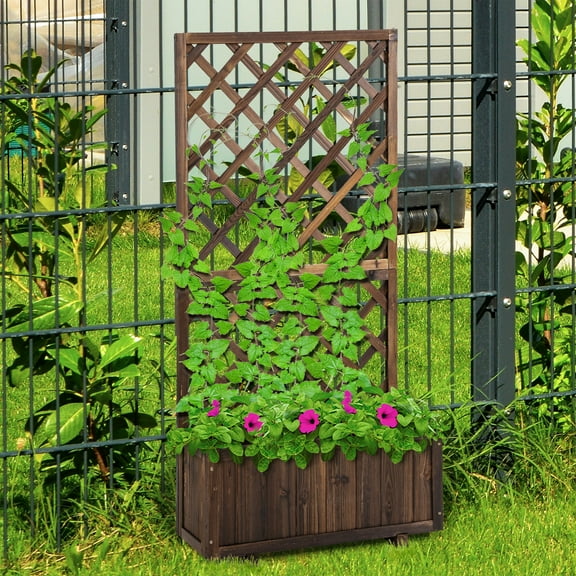 Outsunny Wooden Raised Garden Bed with Trellis and Drain Holes, Brown