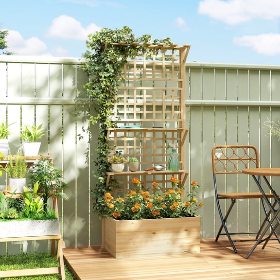 Outsunny Wooden Raised Garden Bed with Trellis and Roof, Elevated Outdoor Planter Box with 2 Shelves, Drainage Hole and Liner, Natural