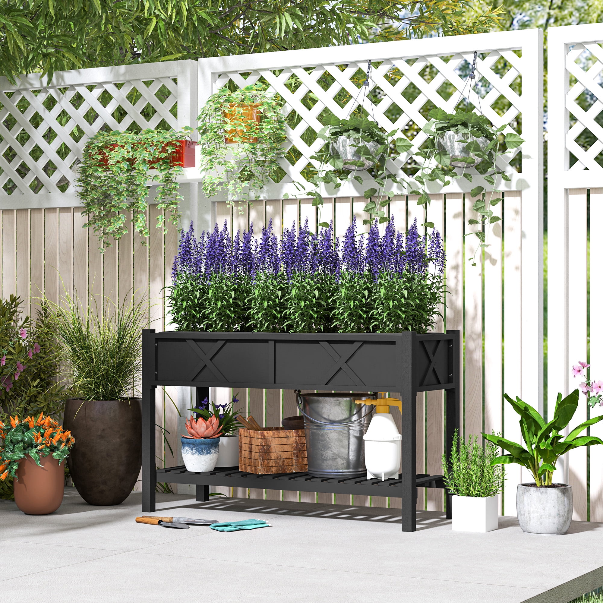 Black Wooden Raised Planter Box with Storage Shelf