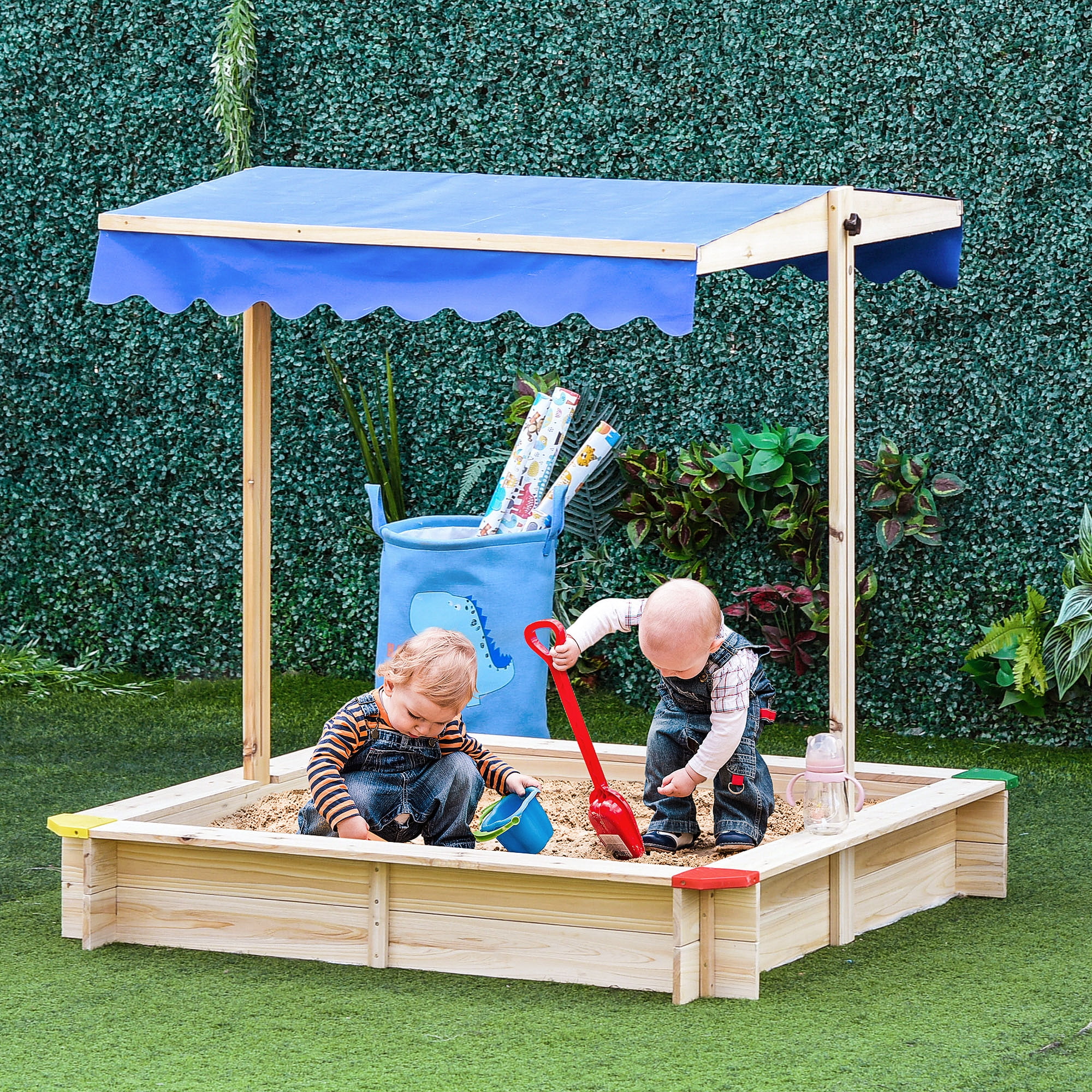アウトドア寝具 Brown Bunny Outsunny Covered Backyard Toddler Wood Sandbox with