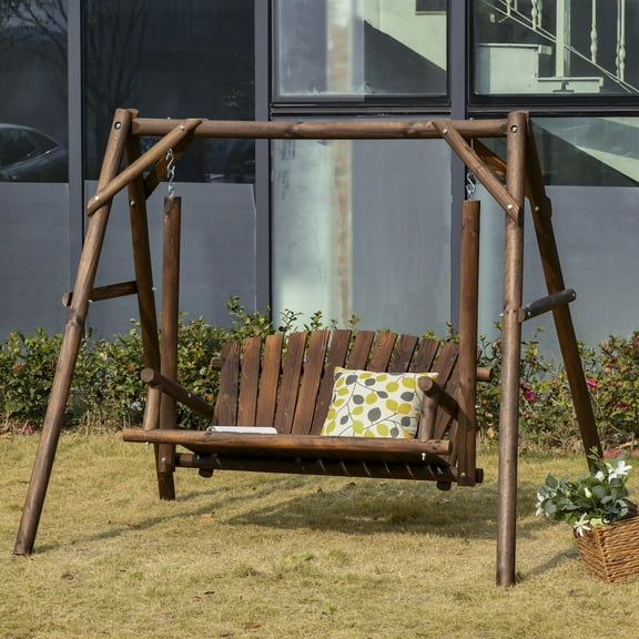 Outsunny 2-Seat Wooden Bench Porch Swings with A-frame and Slatted Design, Natural