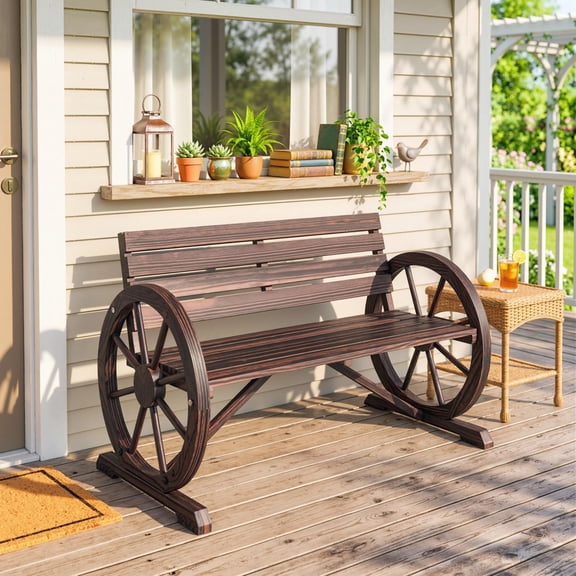 Outsunny Wooden Wagon Wheel Bench Rustic Outdoor Patio Furniture, 2-Person Seat Bench with Backrest Carbonized