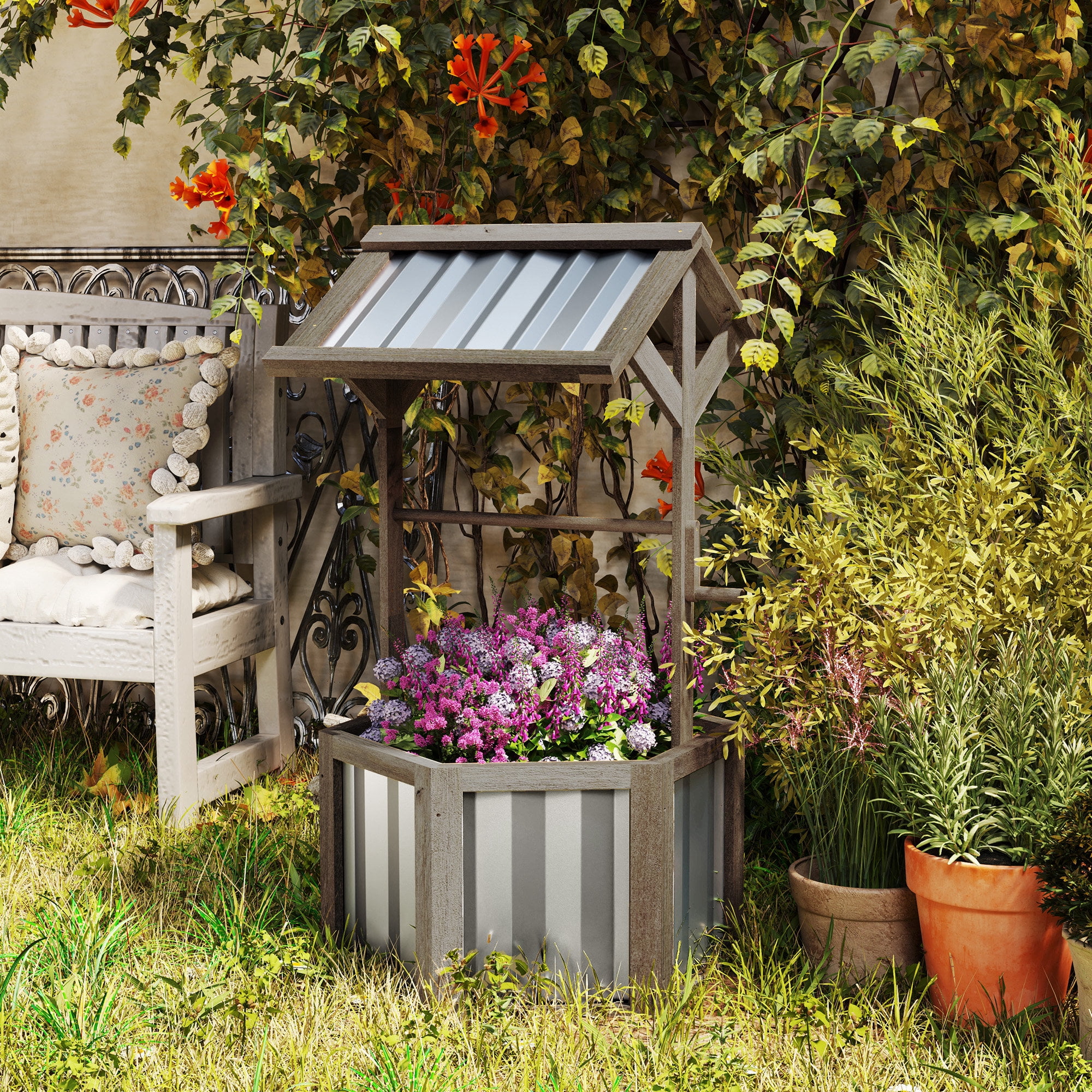 Outsunny Wooden Wishing Well Planter, Hexagon Raised Flower Bed with Galvanized Canopy, Outdoor Garden Box for Flowers and Vegetables, Light Gray