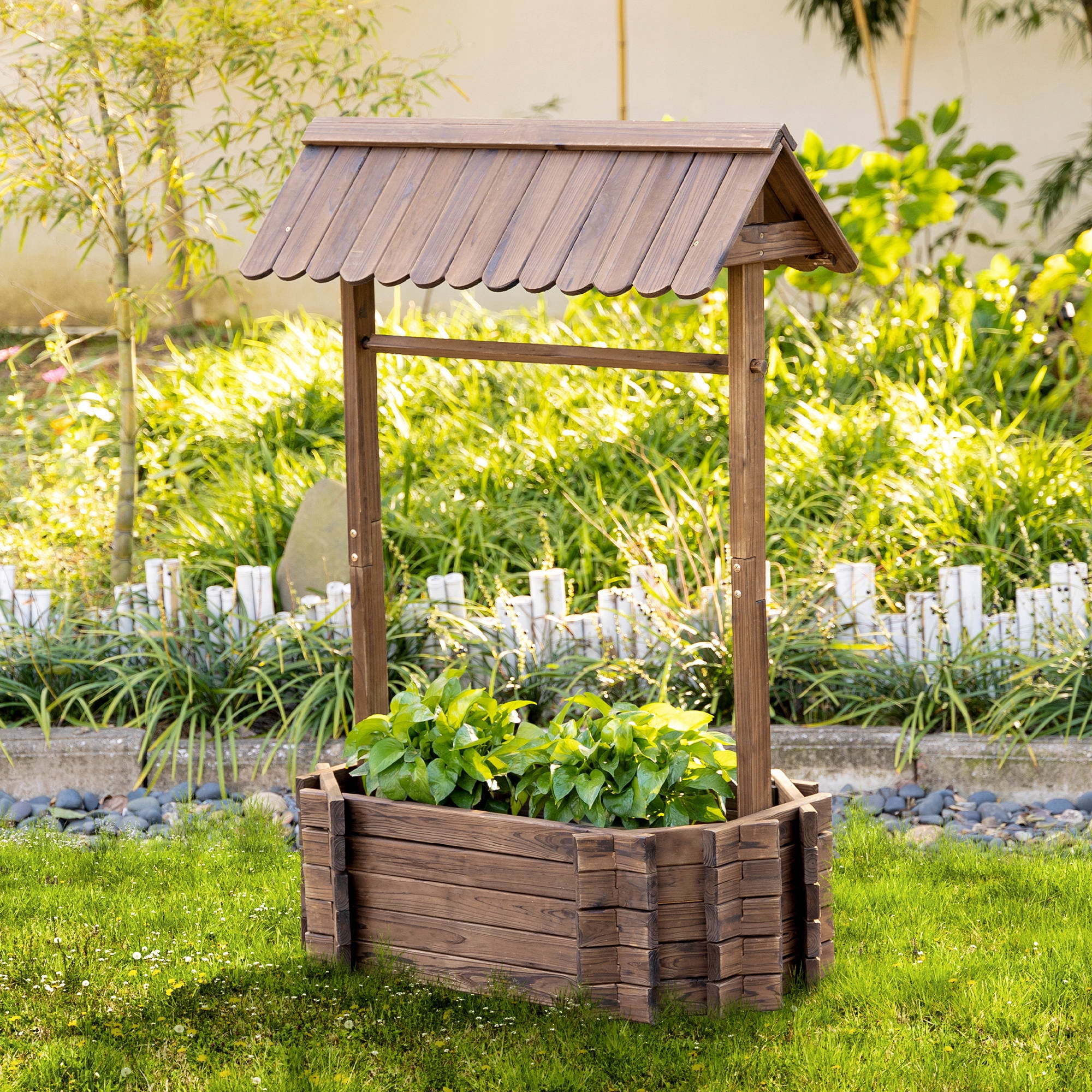 Outsunny Wooden Wishing Well Raised Garden Bed, Ornamental Outdoor Flower Planter for flowers, herbs, vegetables, Rustic Brown