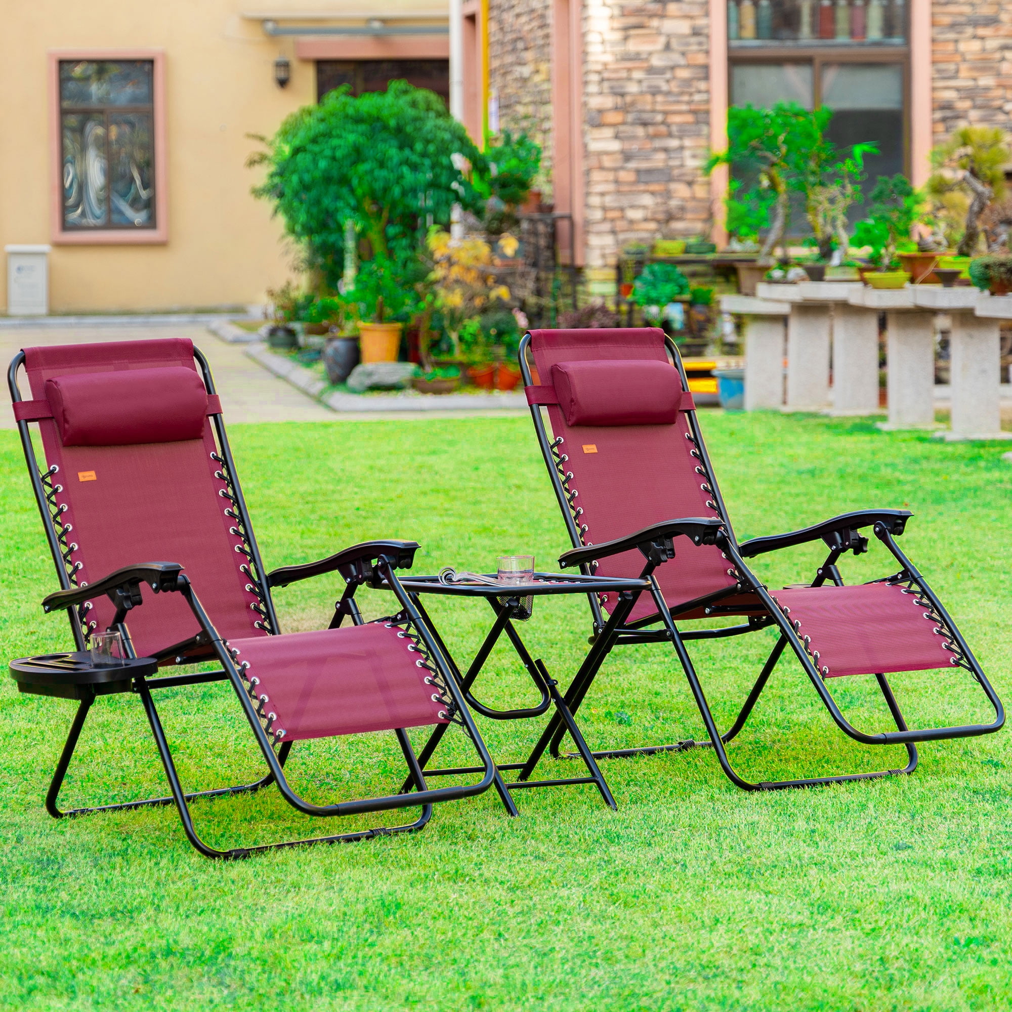 Wine Red Steel Zero Gravity Folding Lounge Chair Set with Cushions