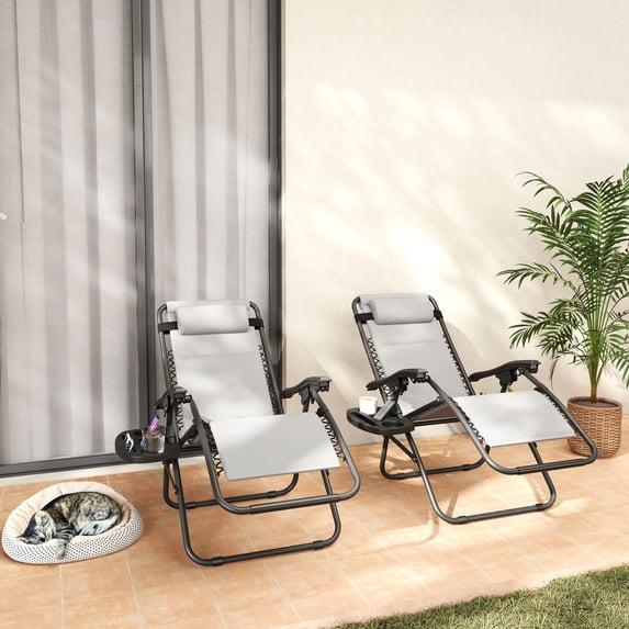 Outsunny Zero Gravity Lounge Chair Set of 2 Reclining Folding Outdoor Lounge Chairs with Cushion, Headrest, and Side Tray for Patio Beach, Light Gray