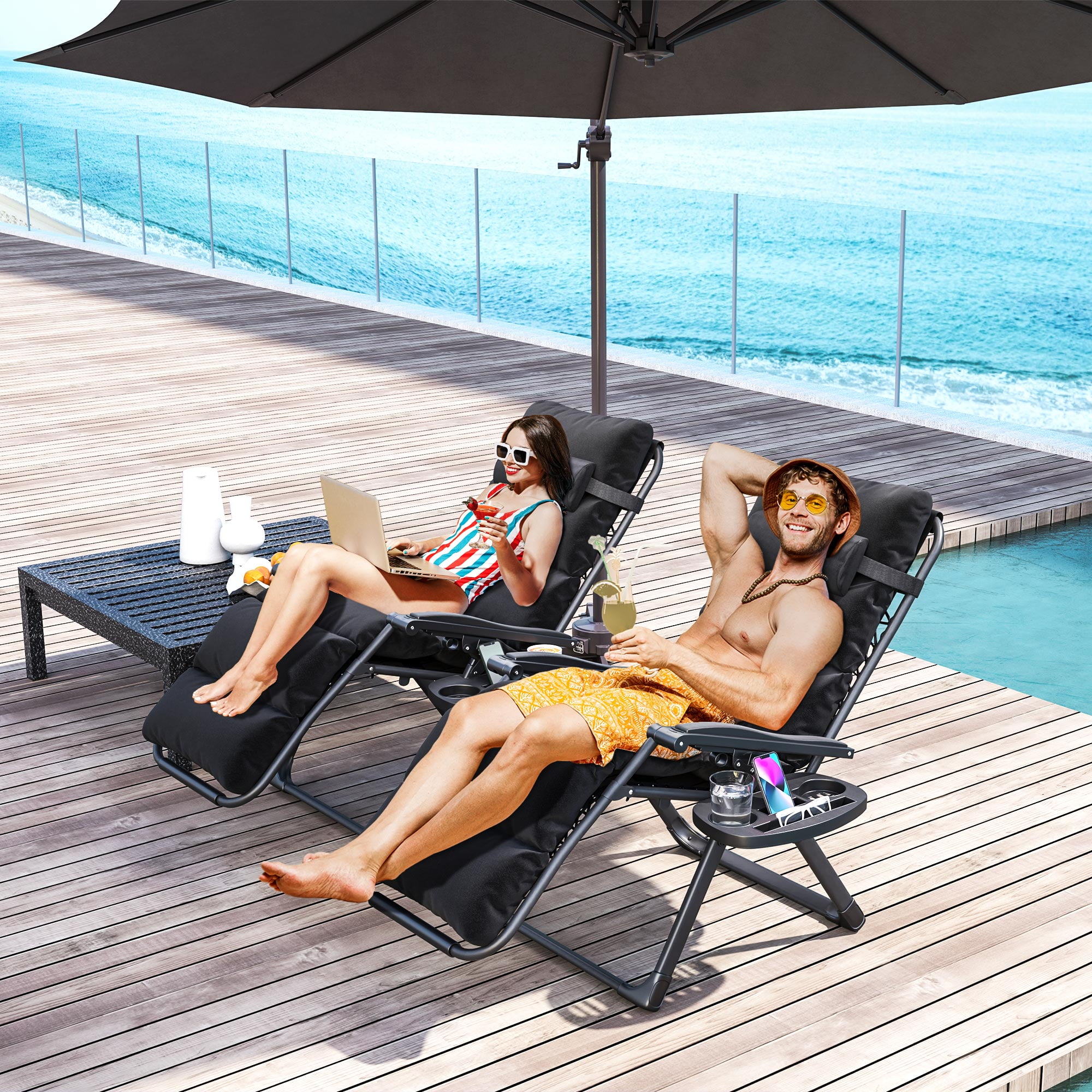 Black Steel Zero Gravity Reclining Chaise Lounge Chairs with Cushions