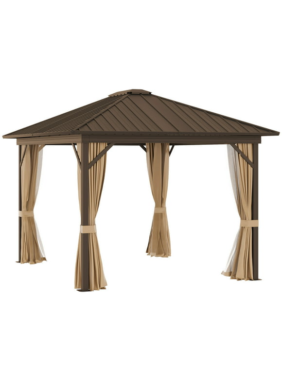 Outsunny&nbsp;10' x 12' Hardtop Gazebo, Metal Roof Canopy with Aluminum Frame and Top Hook, Brown