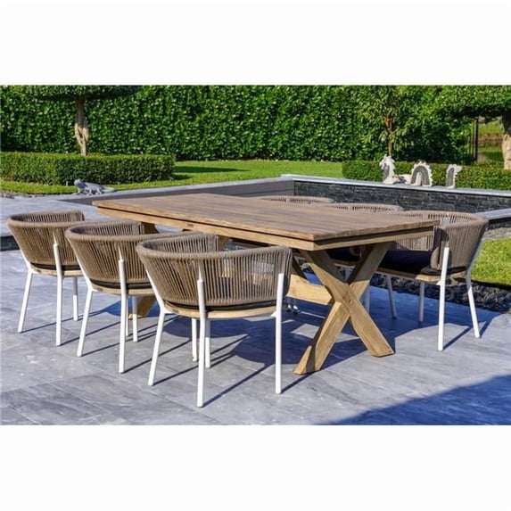 Outsy 0ASAN-MEL-DIN-SET-GR Santino Plus Melina Outdoor Dining Set Wood Dining Table & 6 Rope Backing Chairs with Milk & Coffee Legs, Gray - 7 Piece