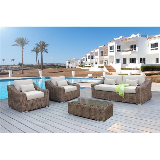 Lana Modern 4-Piece Outdoor Wicker Lounge Set with Glass Coffee Table, Brown
