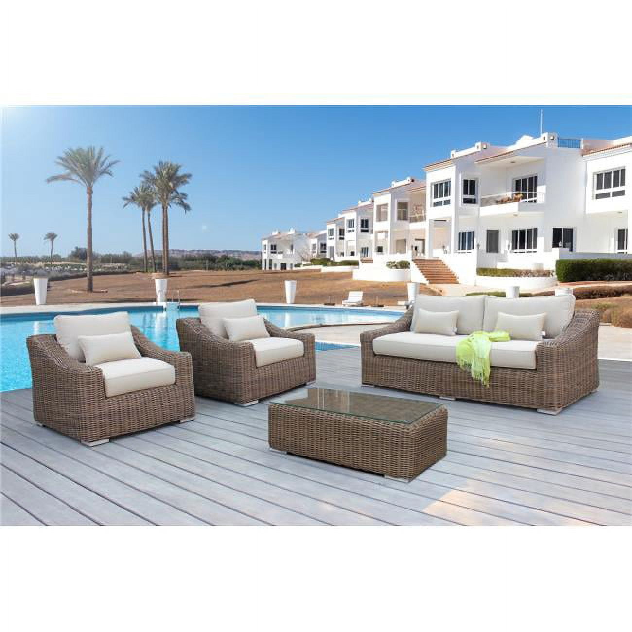 Lana Modern 4-Piece Outdoor Wicker Lounge Set with Glass Coffee Table, Brown