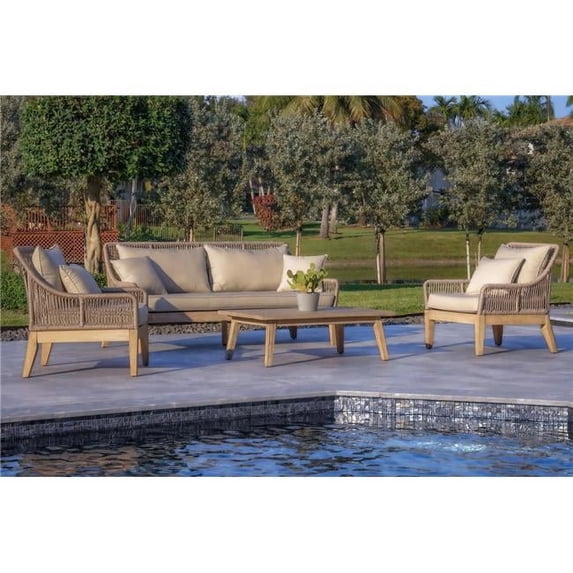 Outsy Solana Outdoor & Backyard Wood, Aluminum & Rope Furniture Set, Gray & Beige - 4 Piece