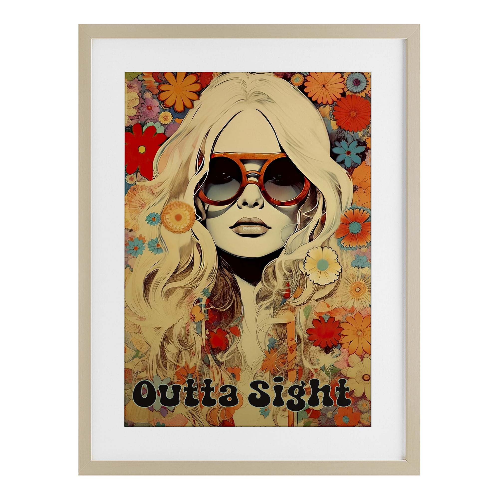 Outta Sight Hippie Girl Birch Framed Print Under Glass, design by Sasha