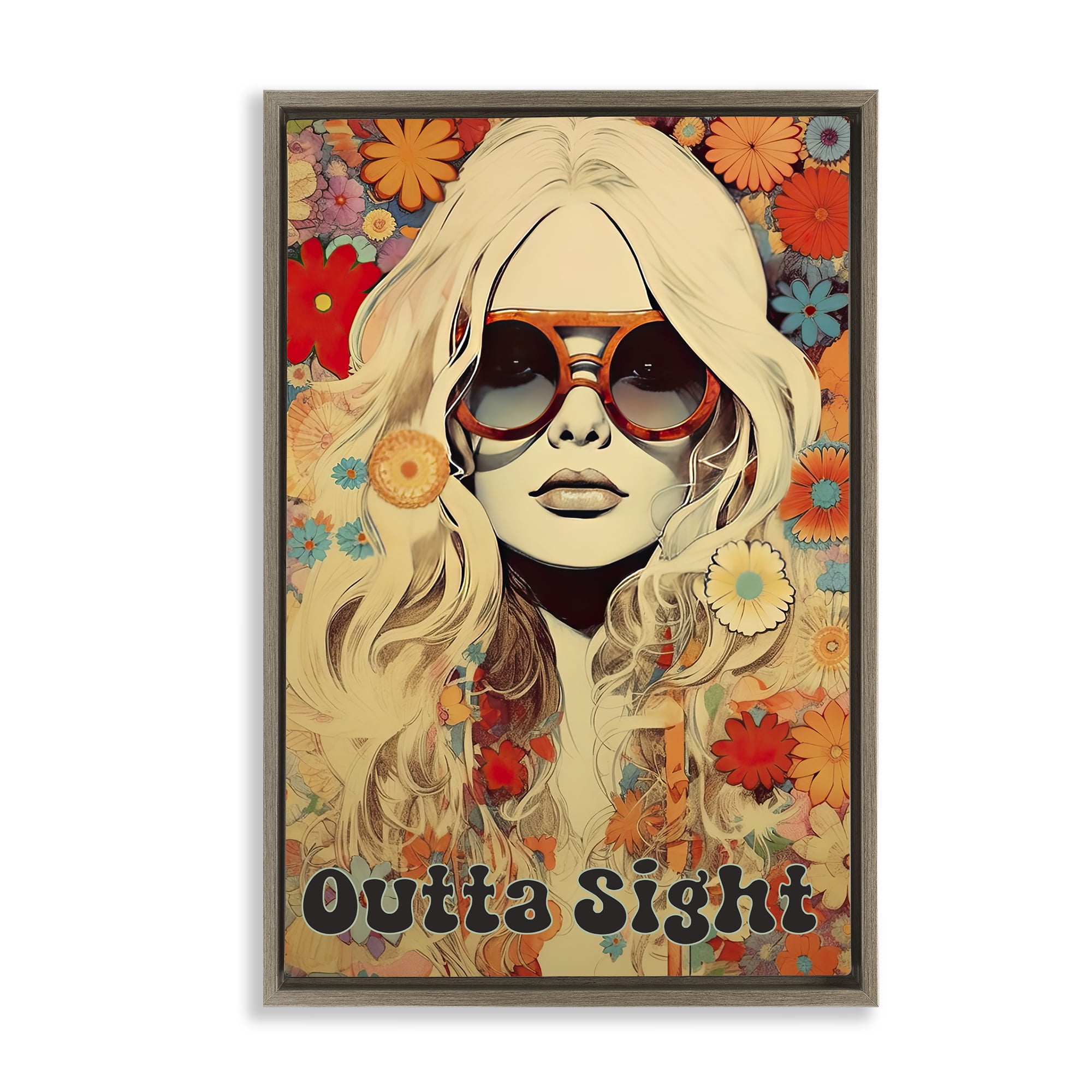 Outta Sight Hippie Girl Brown Framed Floater Canvas Wall Art, design by Sasha