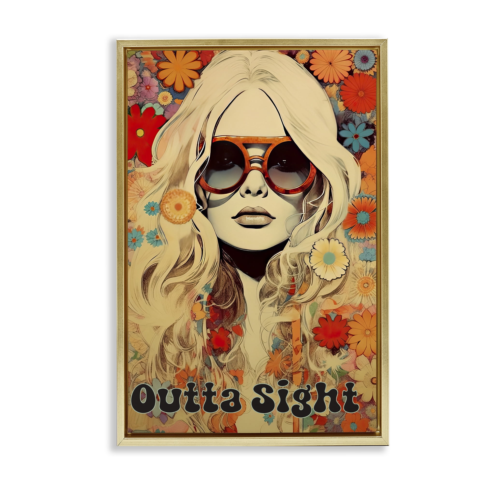 Outta Sight Hippie Girl Gold Framed Floater Canvas Wall Art, design by Sasha