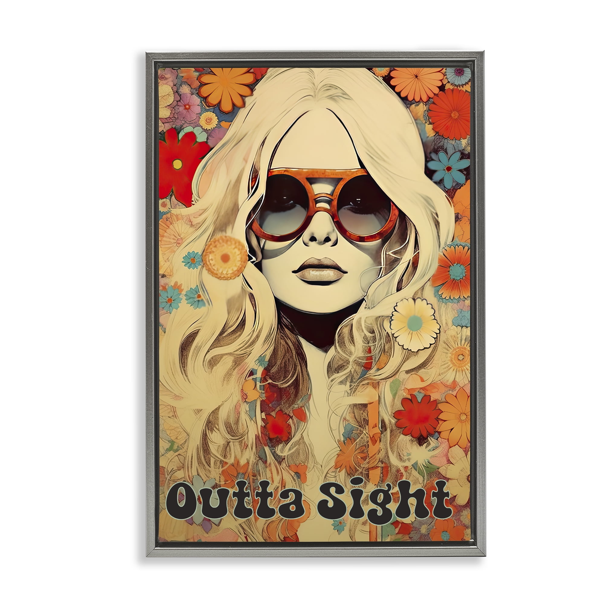 Outta Sight Hippie Girl Gray Framed Floater Canvas Wall Art, design by Sasha
