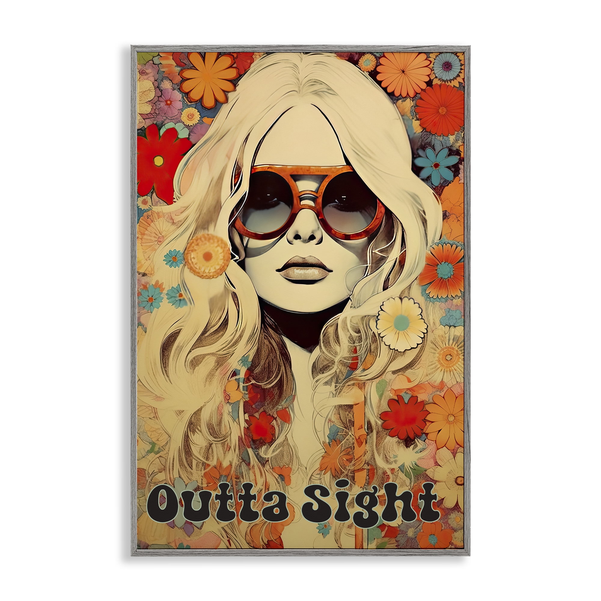 Outta Sight Hippie Girl Gray Framed Giclee Art, design by Sasha