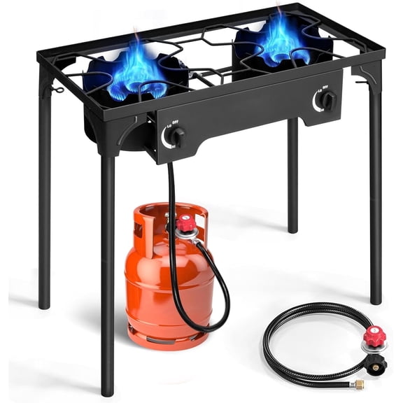 2 Burner Propane Gas Stove for Outdoor Cooking, 150,000 BTU Camping Cooker with Removable Legs, Temperature Control Knobs