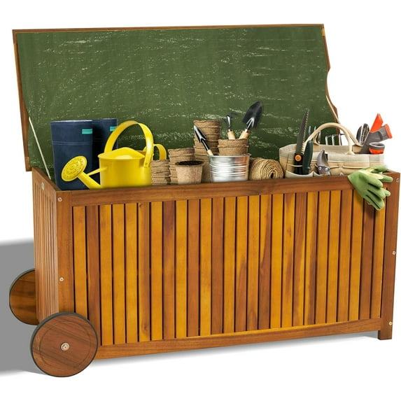 Outvita Outdoor Wood Storage Bench, Wooden Large Deck Box with Seating & Armrest, Waterproof Patio Organizer Loveseat for Garden Porch Deck Backyard Poolside, Natural