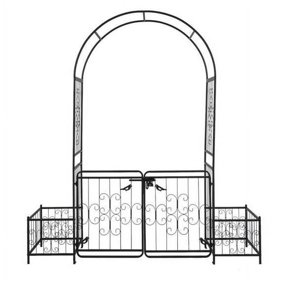 Outvita 7FT Garden Arch Arbor with Entry Door and Plant Frame, Heavy Duty Metal Arbour Archway, Decorative Frame Stand Trellis with Ground Stakes for Wedding Ceremony Party Plant Patio Black