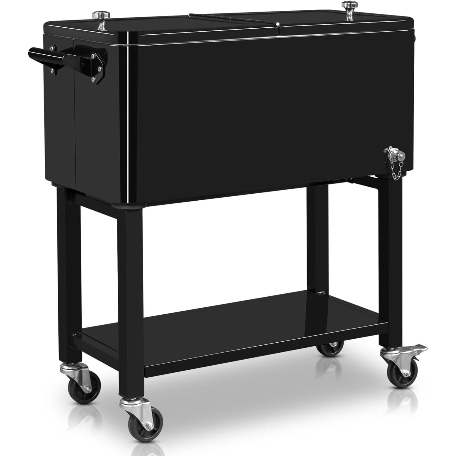 Outvita 80 Quart Rolling Ice Chest, Portable Bar Drink Cooler with Catch Basin, Bottom Storage Tray and Bottle Opener for Patio Party BBQ Beach Activities