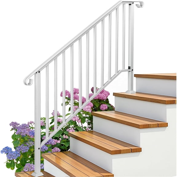 Handrails for Outdoor Steps, Wrought Iron Handrail Fits 4 or 5 Steps, Transitional Handrail with Installation Kit, Stair Railing for Concrete Steps or Wooden Stairs(White)
