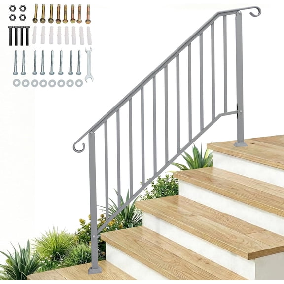 Outvita Handrails for Outdoor Steps, Wrought Iron Handrail Fits 4 or 5 Steps, Transitional Handrail with Installation Kit & Waterproof Cover, Stair Railing for Concrete Steps or Wooden Stairs(Sliver)
