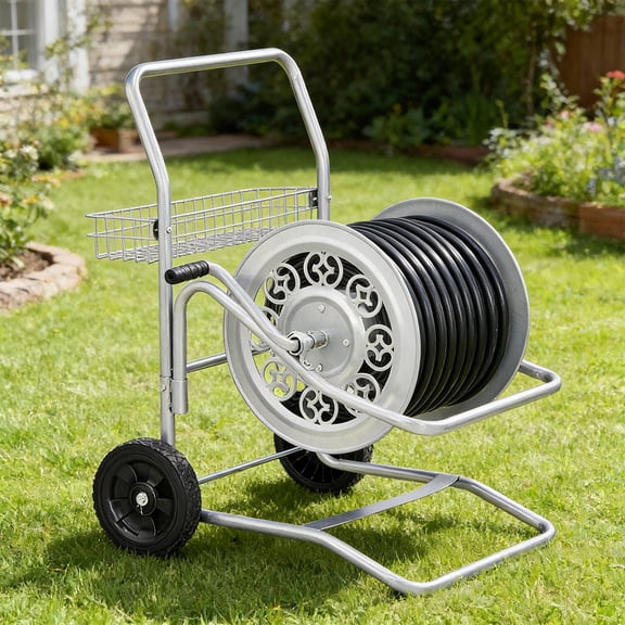 Outvita Heavy Duty Garden Hose Reel Cart - Holds 200ft 5/8" Hose, 2 Wheels Mobile Cart with Storage Basket