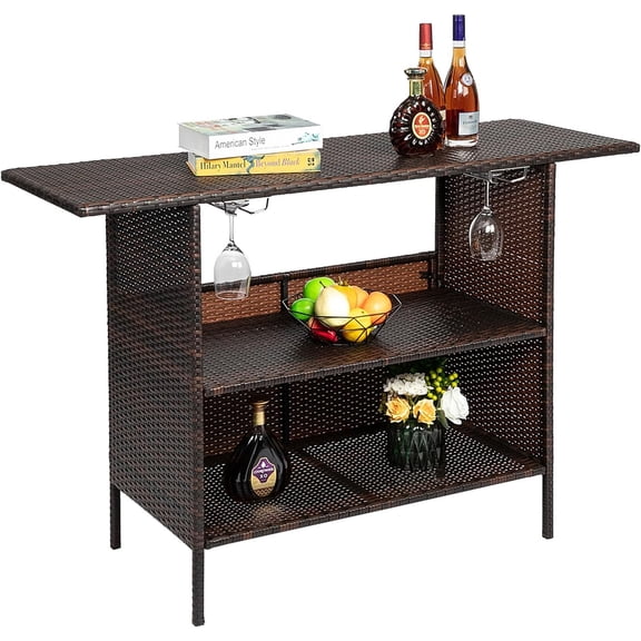 Outvita Outdoor Bar Counter Table, Patio Wicker bar Table with 2 Layer Shelves and Wine Racks for Poolside, Backyard, Garden, Porches Brown
