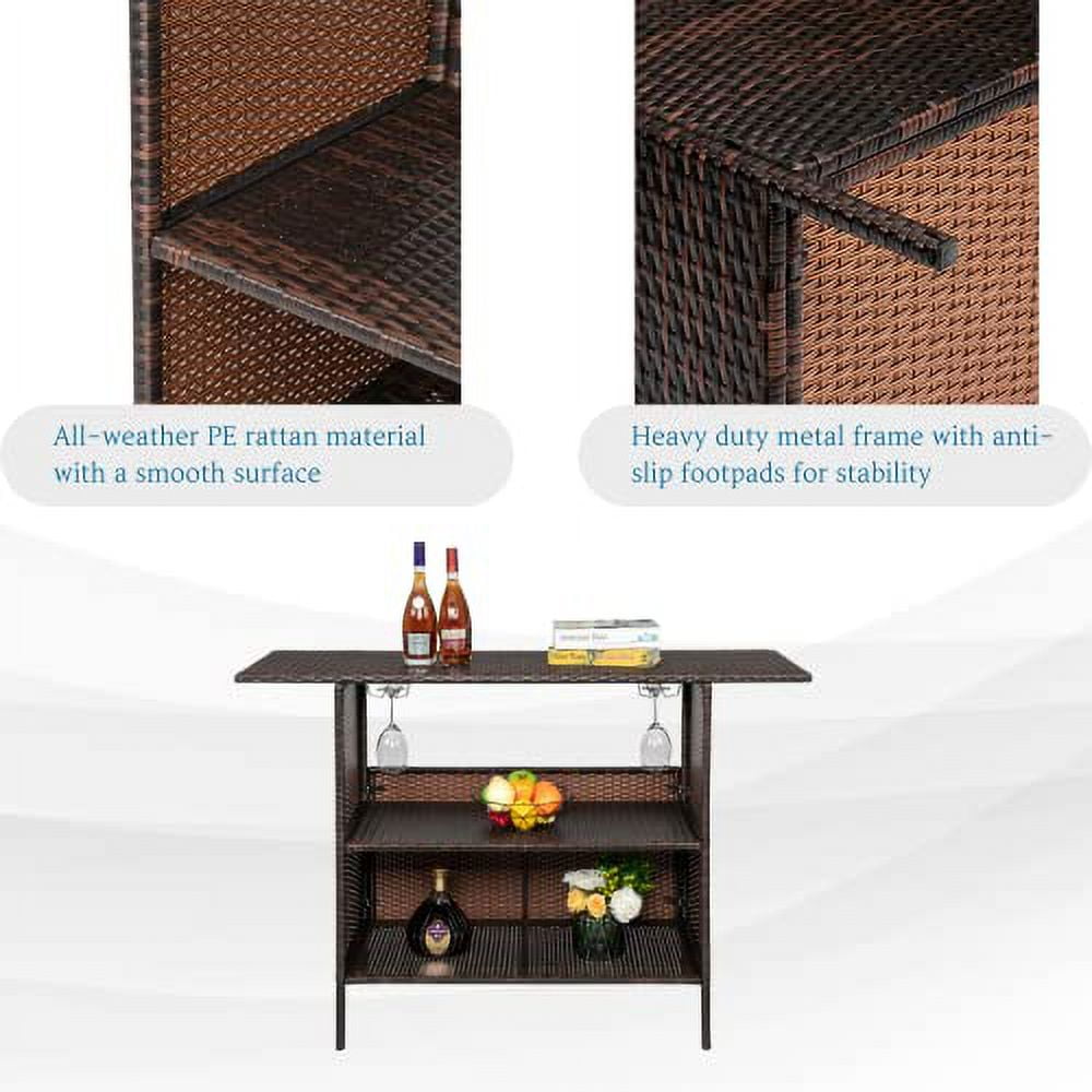 Outvita Outdoor Bar Counter Table, Patio Wicker bar Table with 2 Layer Shelves and Wine Racks for Poolside, Backyard, Garden, Porches Brown